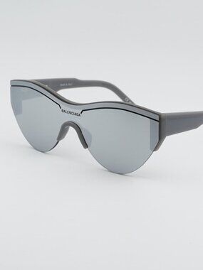 Balenciaga BB0004S 012 Semi Rim Sunglasses Grey Shield Frame, Silver Lenses